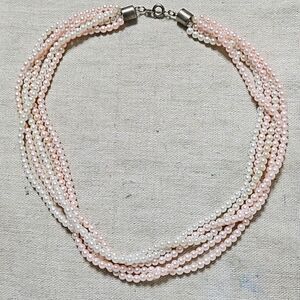 Vintage Dainty Y2K 5 Strand Pink White Faux Pearl Choker Coller Necklace